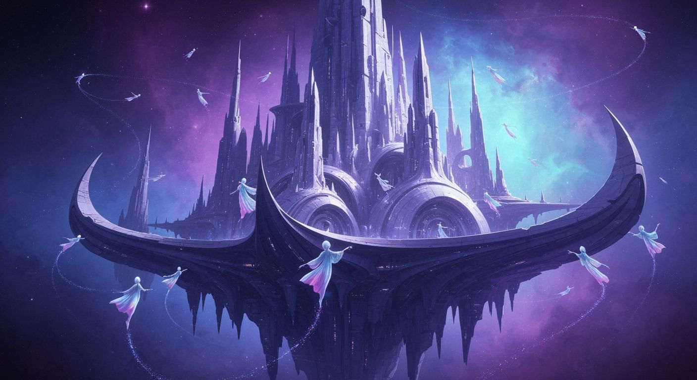 Floating Crystalline City in Nebula Sky