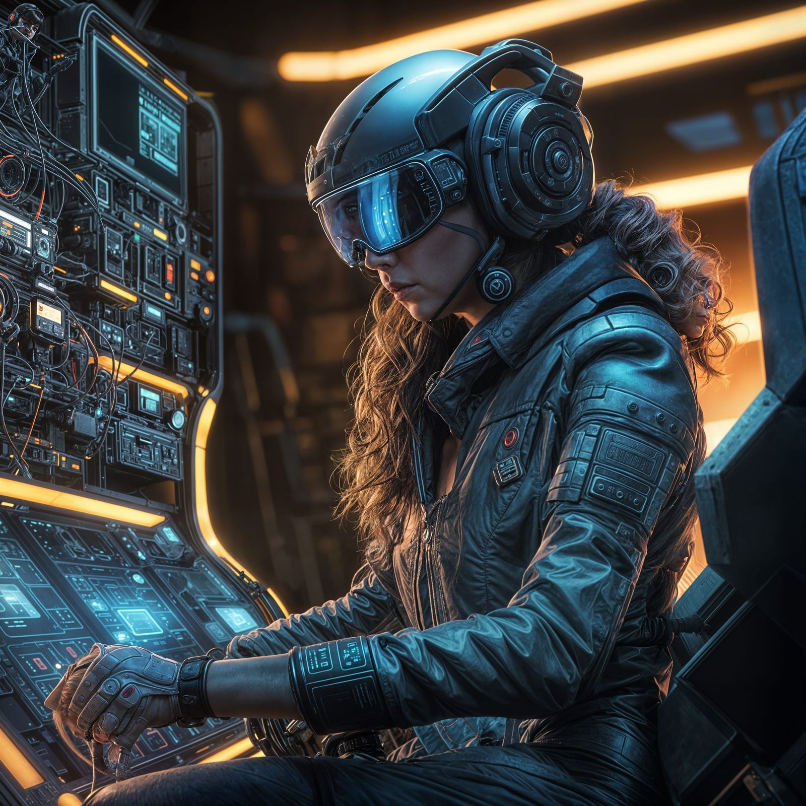 Cyberpunk Pilot in Neon-Lit Cockpit: Digital Art
