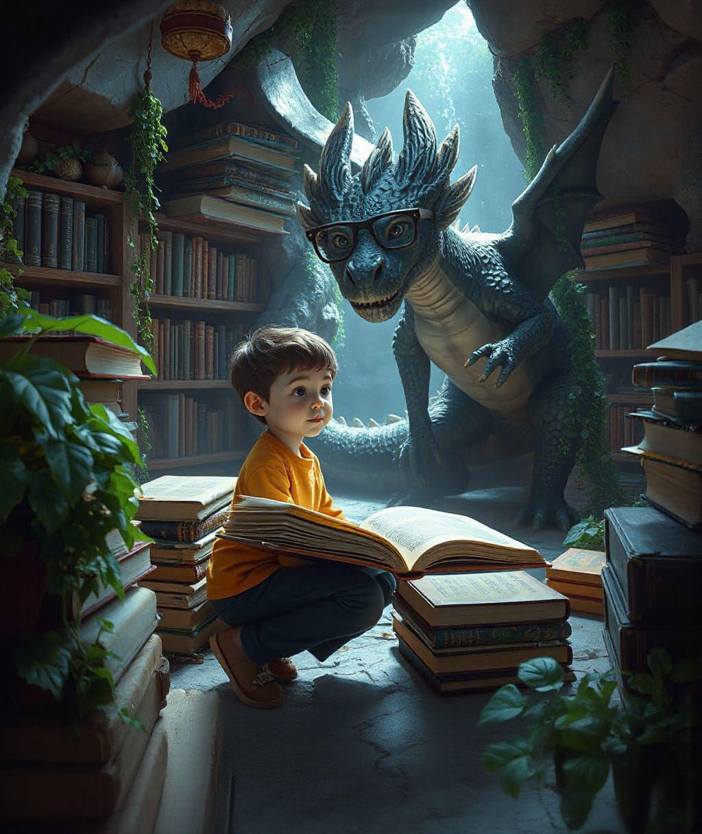 Boy Reads with Dragon in Mythical Library