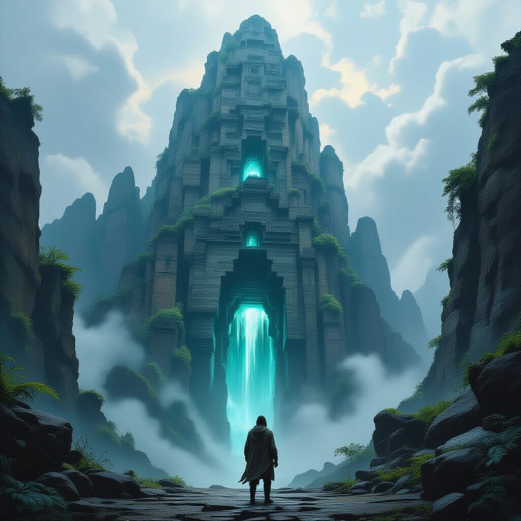 Explorer at Ancient Temple Entrance: Dark Fantasy