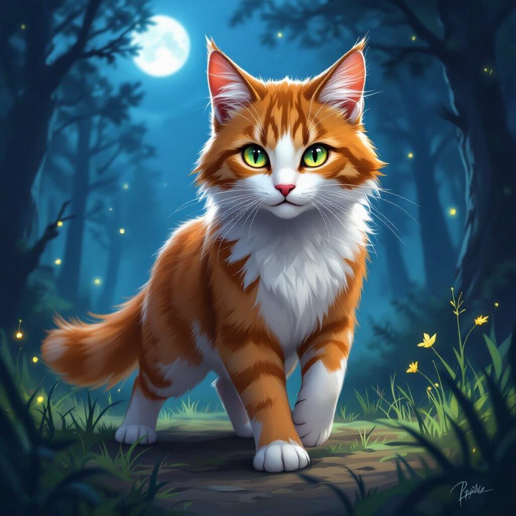 Warrior Cat in Moonlit Forest Clearing Digital Painting