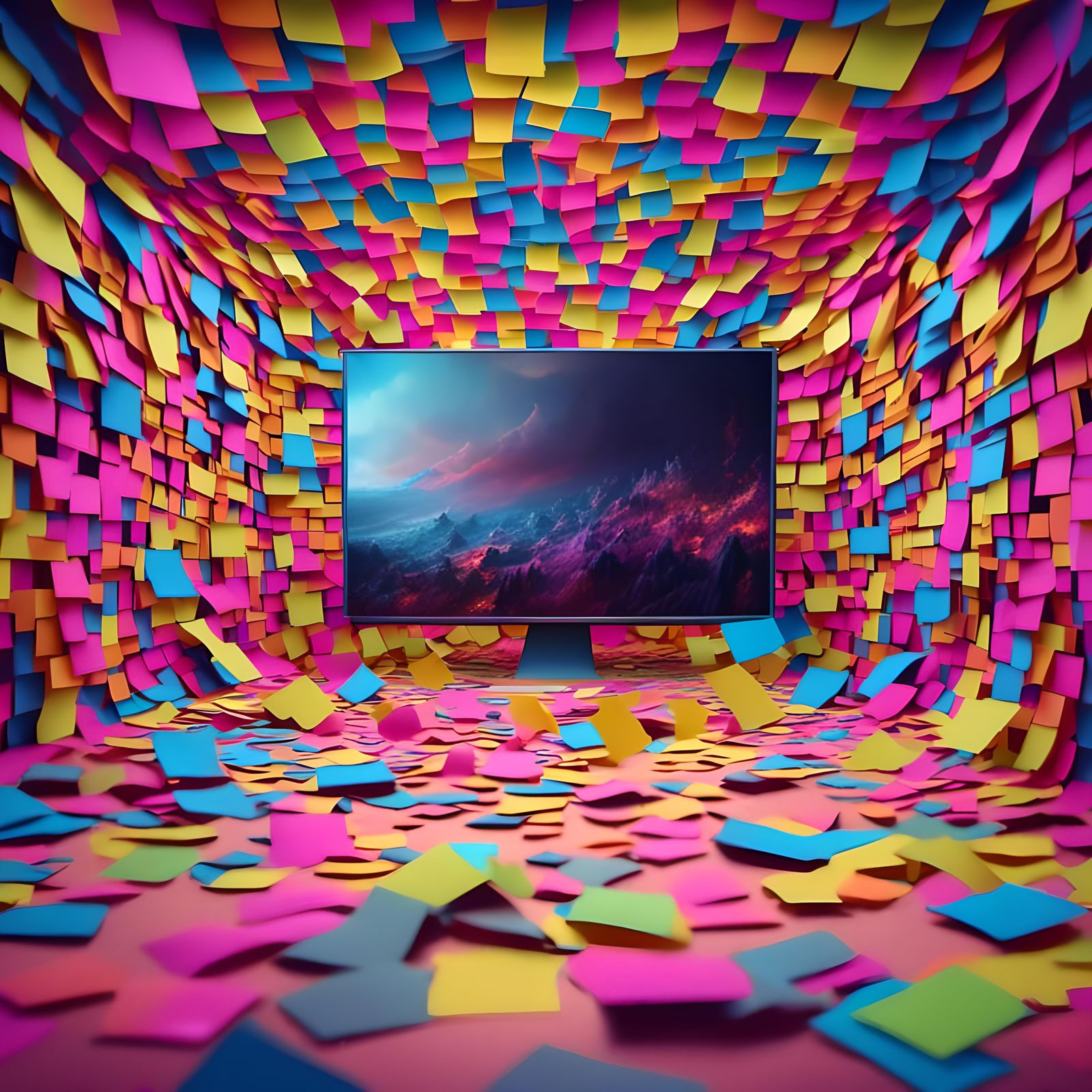 Hyperrealistic Sticky Note Covered Computer Monitor
