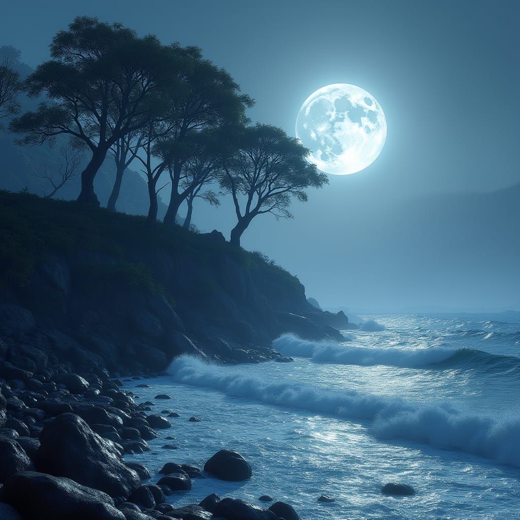 Fantastical Bluff Landscape at Full Moon with Ocean Waves
