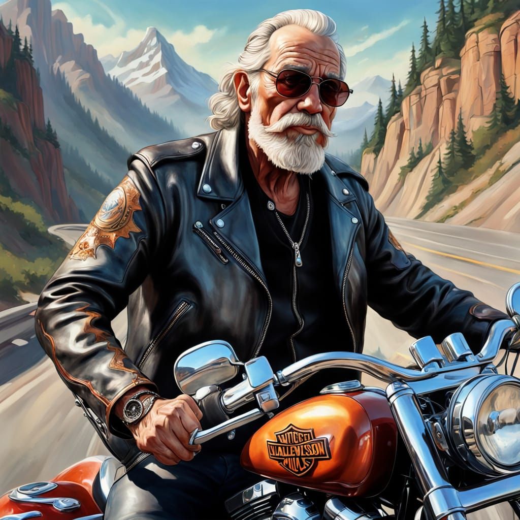 Baroque-Realistic Portrait of an Older Man on a Harley