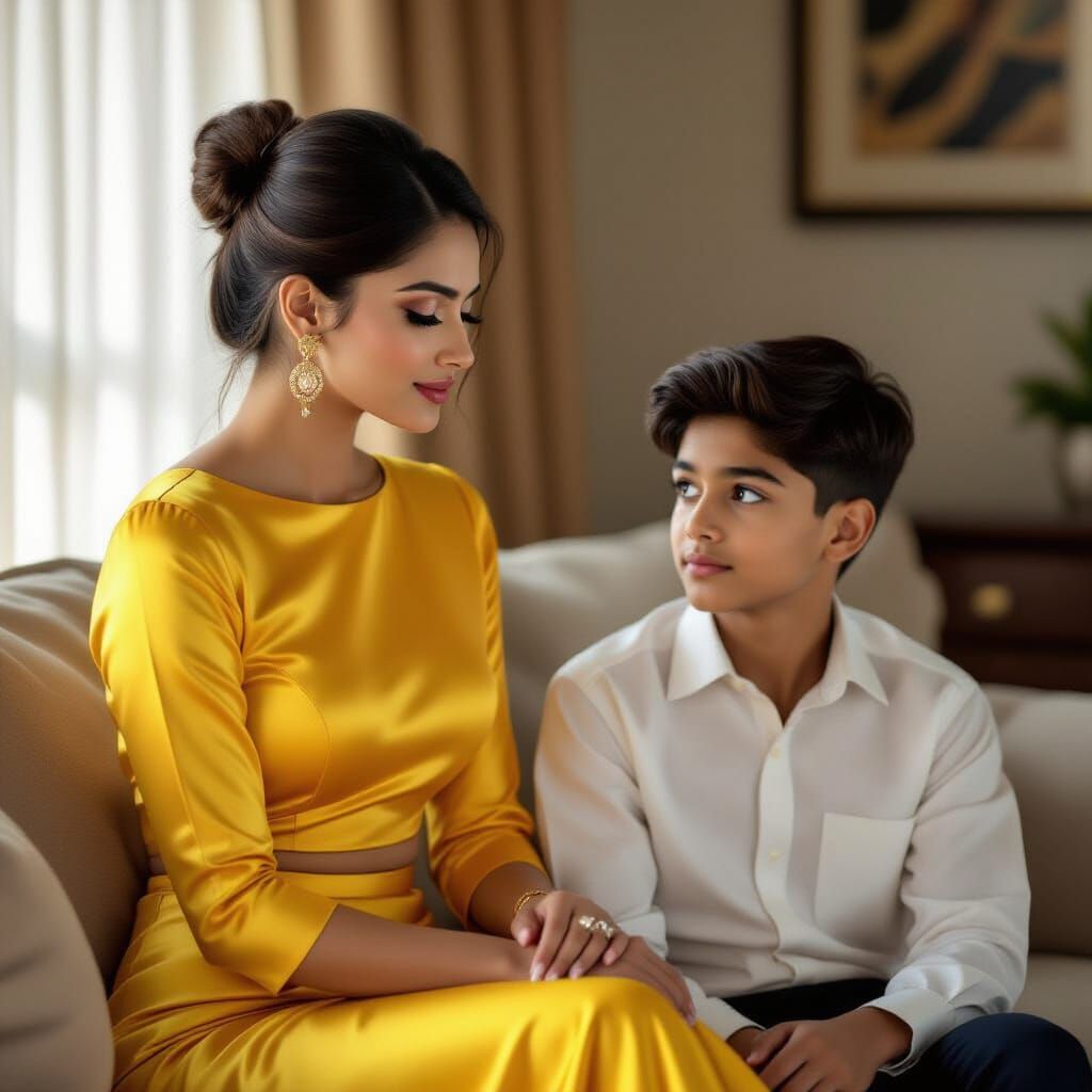 Indian Woman in Yellow Top and Skirt Next to Sofa