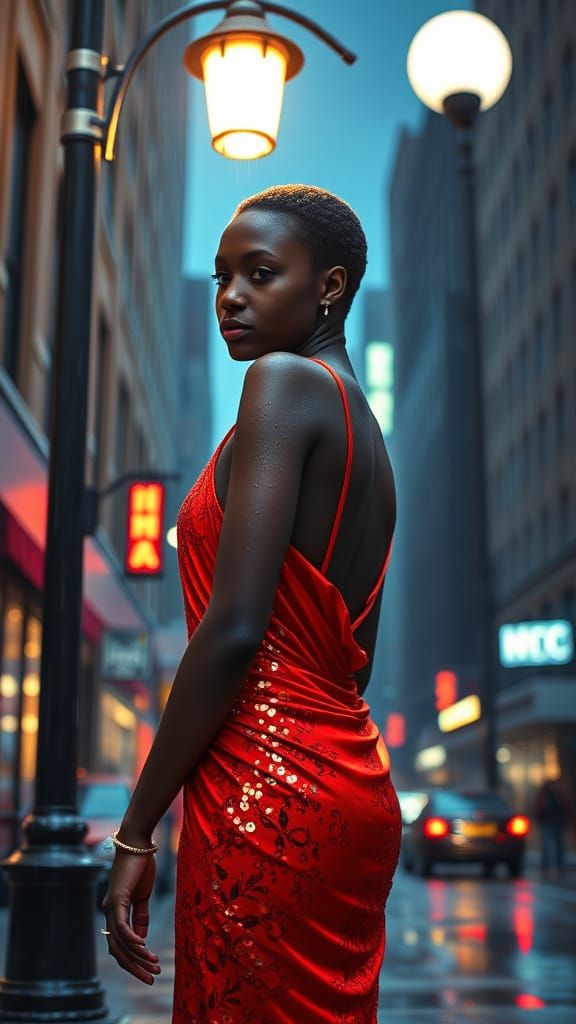 Tall Black Woman in Neon-Lit Cityscape, 1980s NYC Style