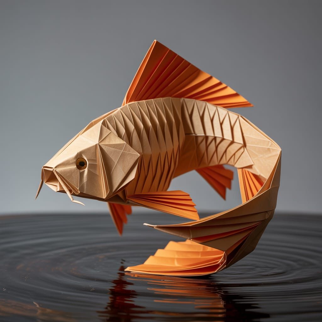 Elegant Origami Carp Sculpture in Orange and Tan