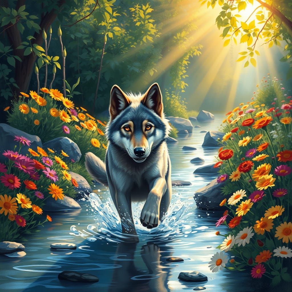 Playful Wolf in Sunlit River Garden