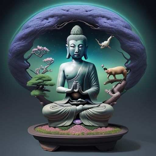 Bonsai, Buddha, and Animals in Cosmic Holographic Style