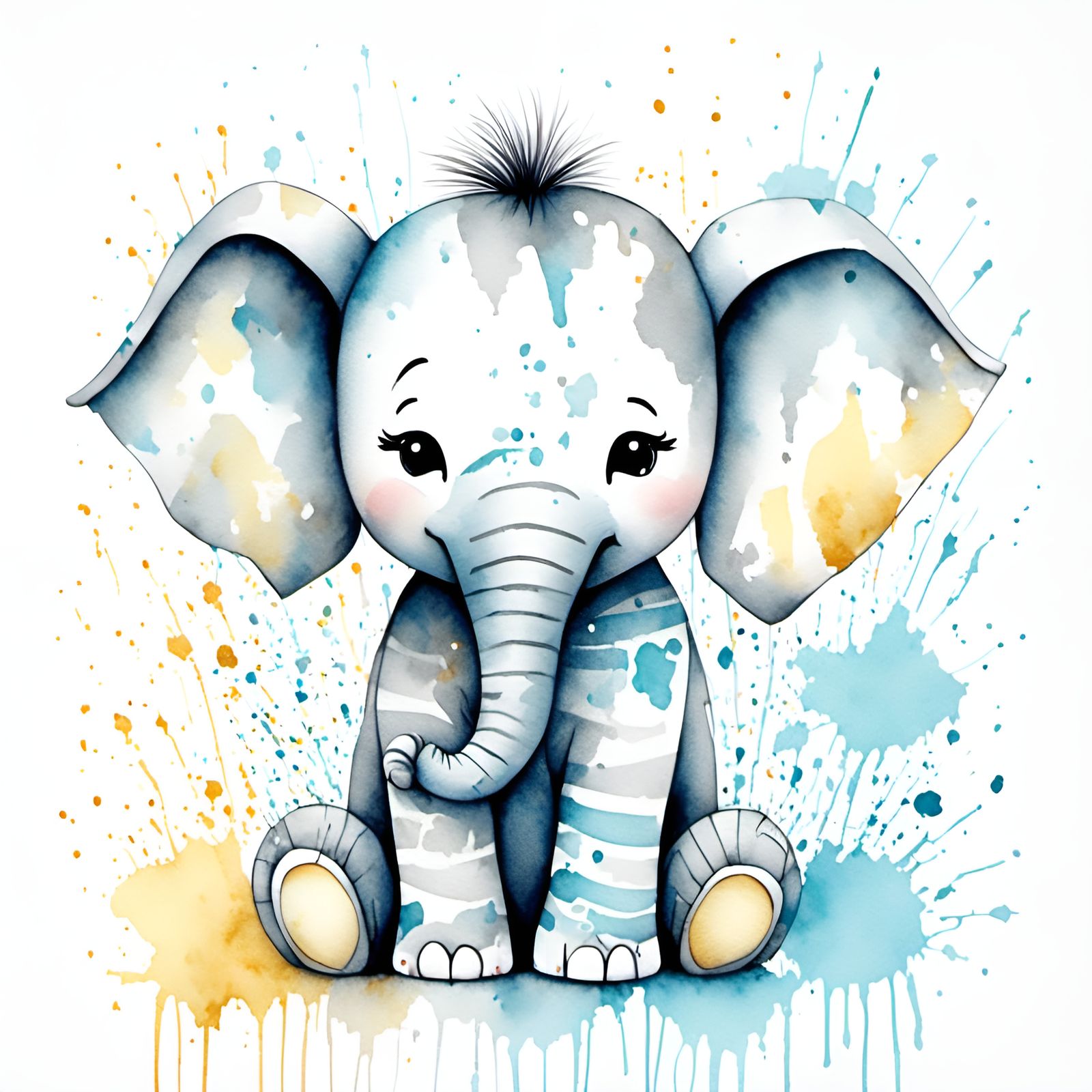 Cute Duotone Baby Animals Watercolor Sketch