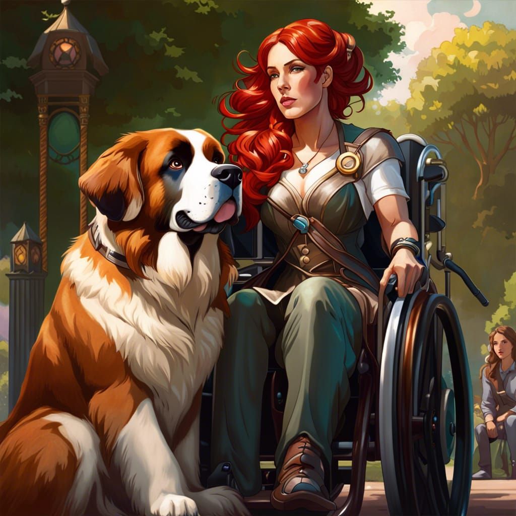Disabled Woman with Saint Bernard in Dog Park