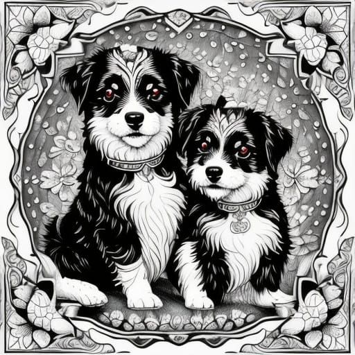 Vibrant Black and White Dogs in Intricate Coloring Book Styl...