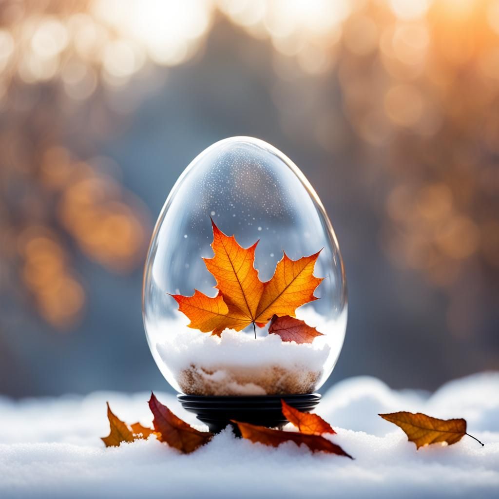 Autumn Leaves in Glass Egg on Winter Snow