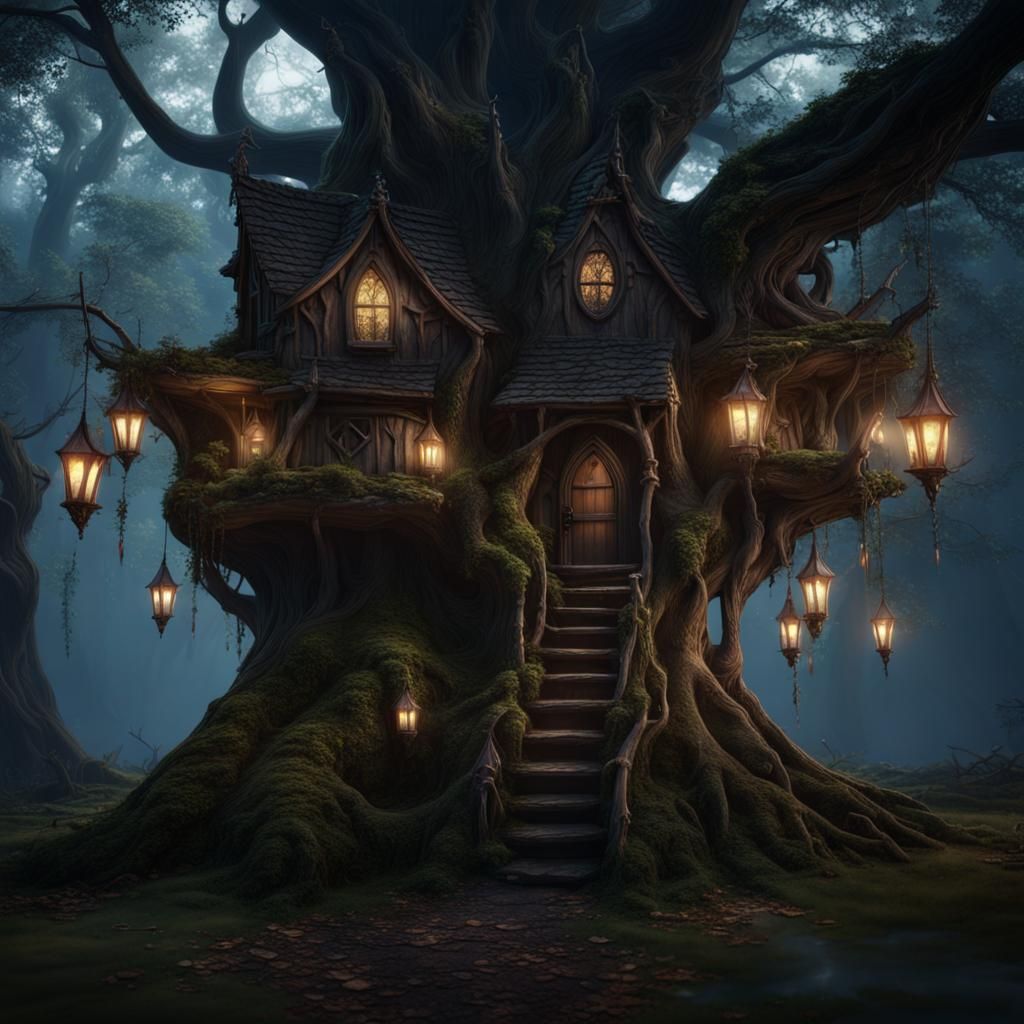 Ethereal Elf House in Dark Forest, Matte Painting