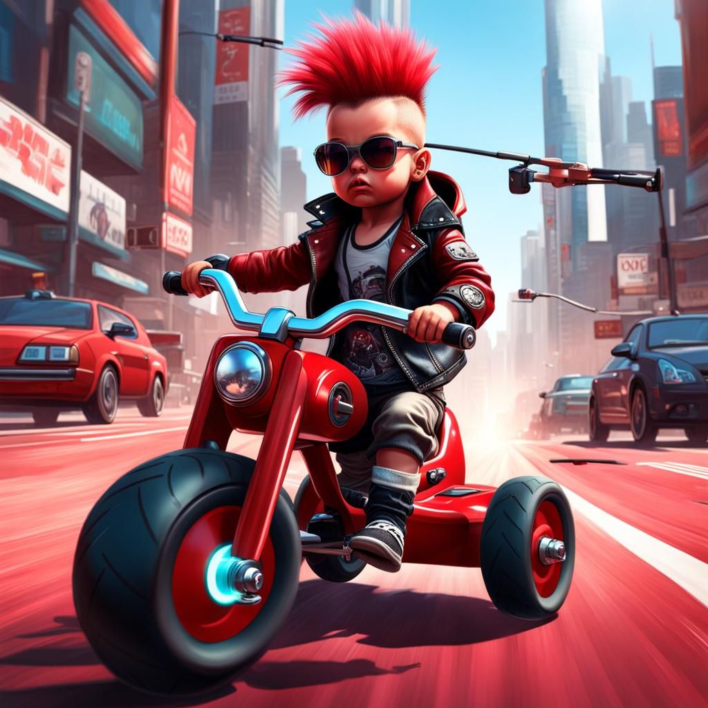 Tough Toddler Rides Cyberpunk Tricycle