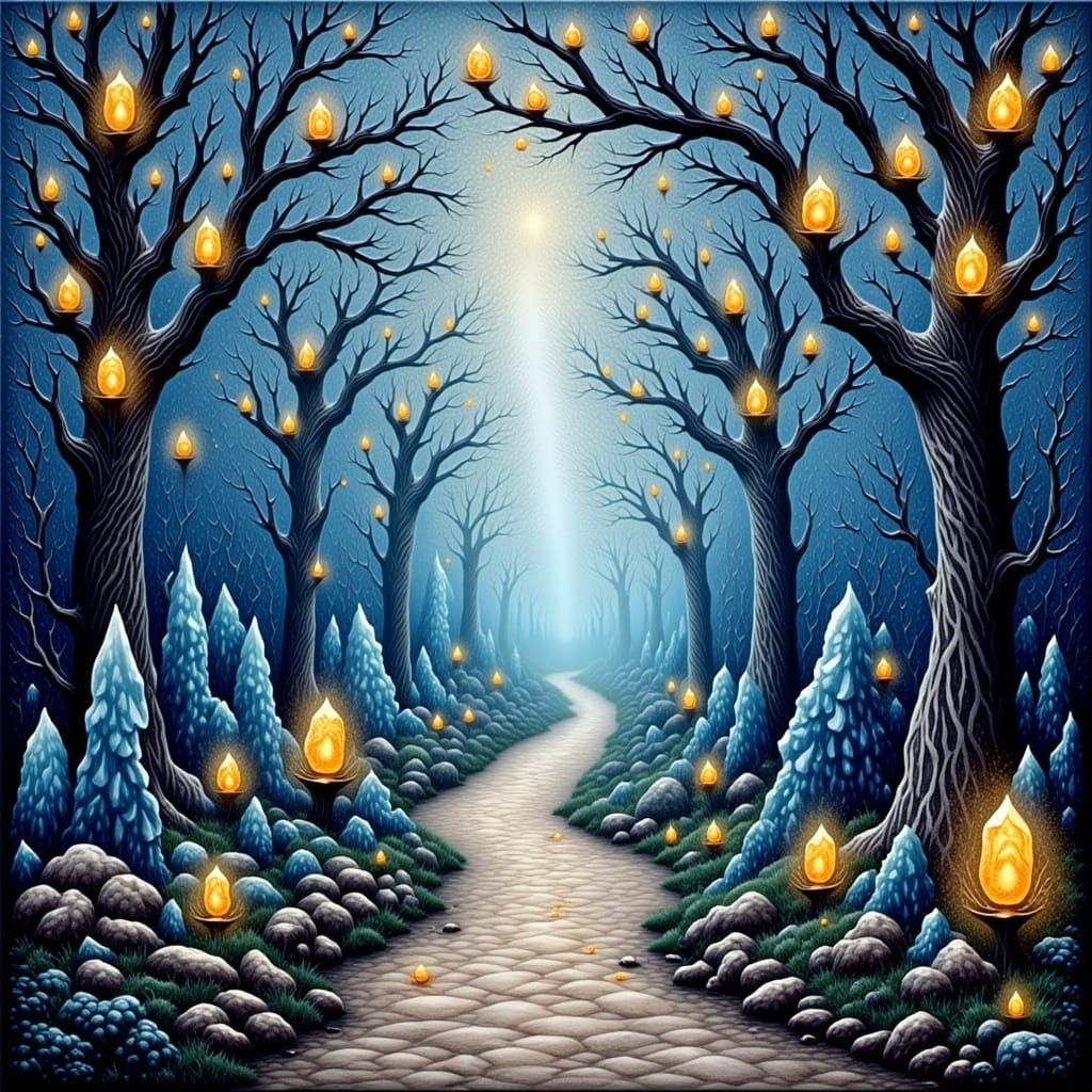 Crystalline Forest Landscape in Blue, Silver, and Gold