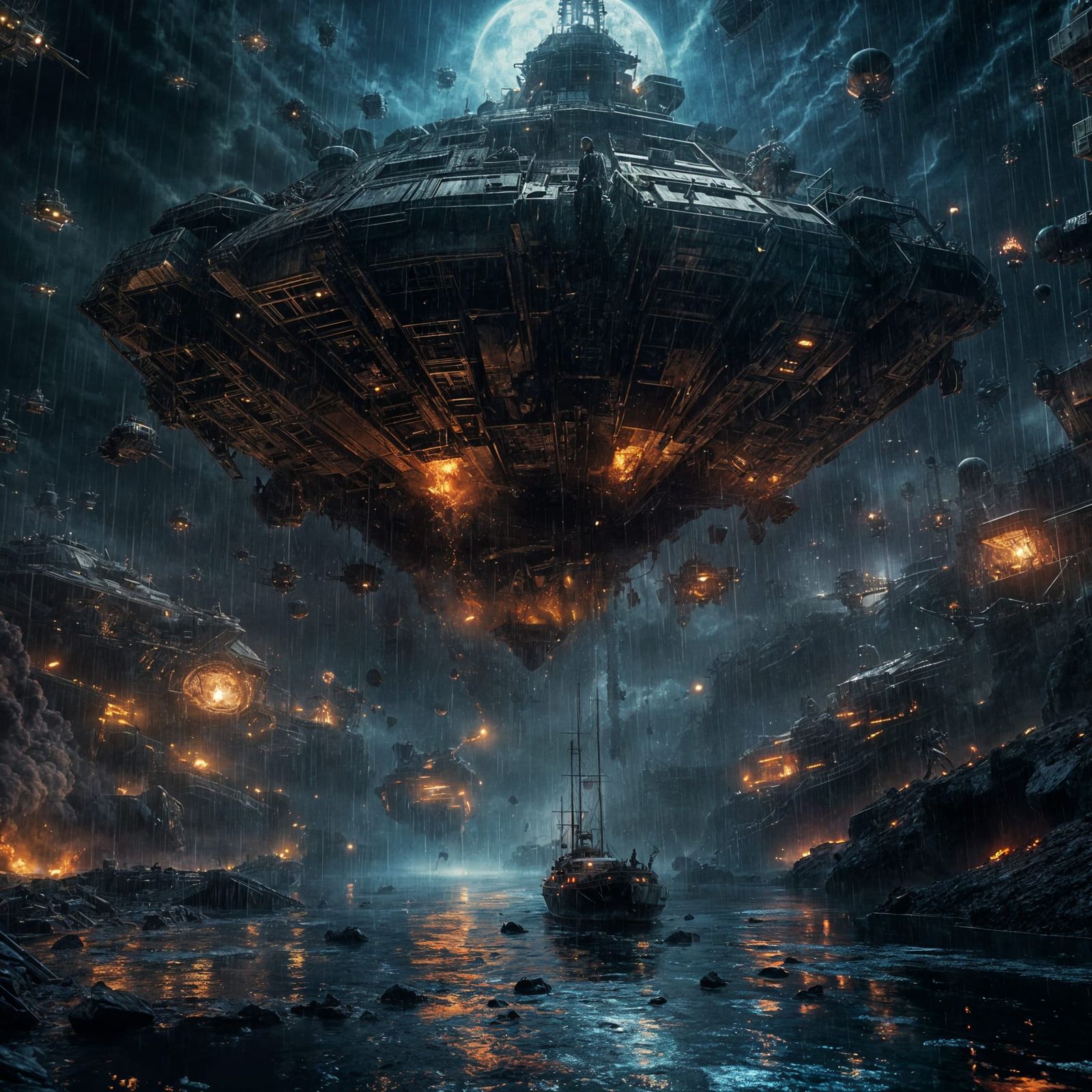 Burning Attack Ships in Futuristic Dark Landscape