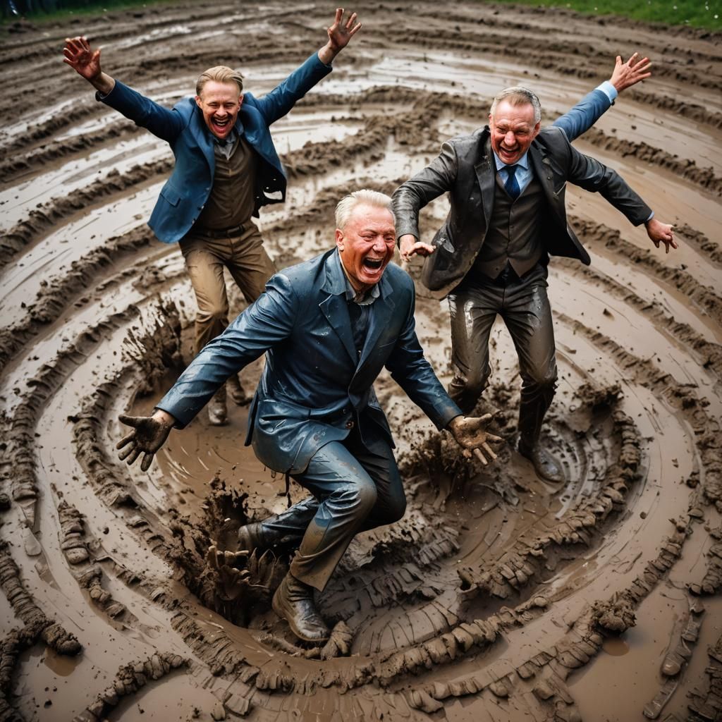 Polish Politicians Somersaulting in Mud, Hyperrealistic