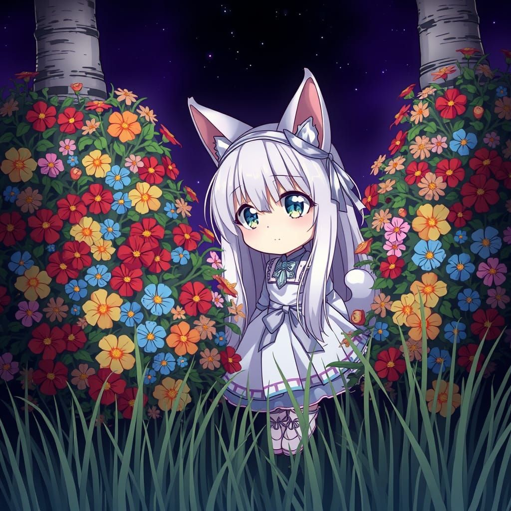 Anime Catgirl Hides Among Blooming Flowers Under a Dark Star...