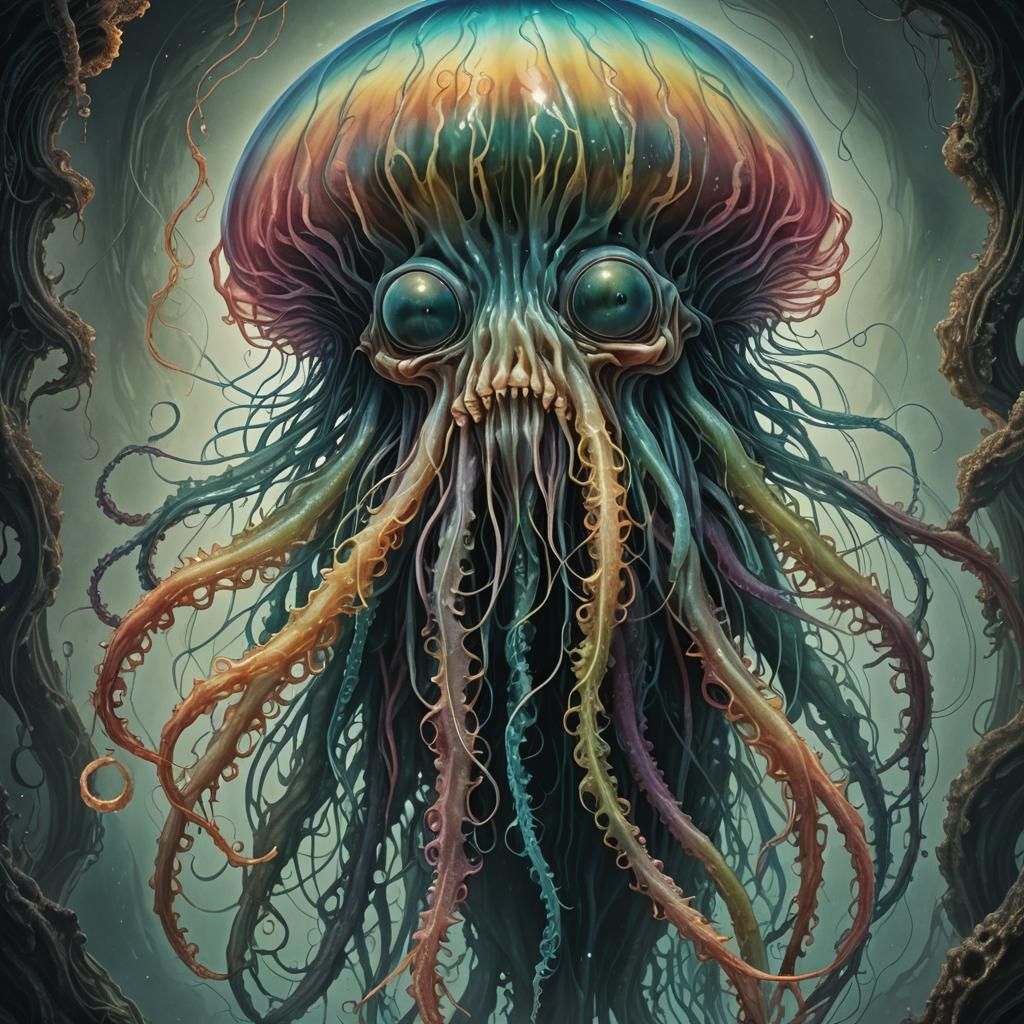 Grotesque Half-Human Jellyfish Transformation in Dark Surrea...