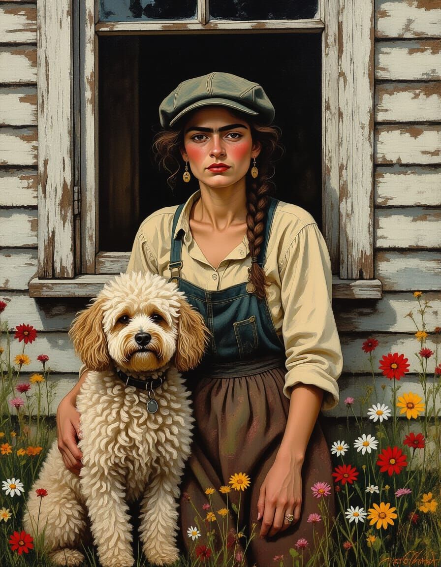 Melancholic Portrait of Woman and Dog in Oil Painting Style