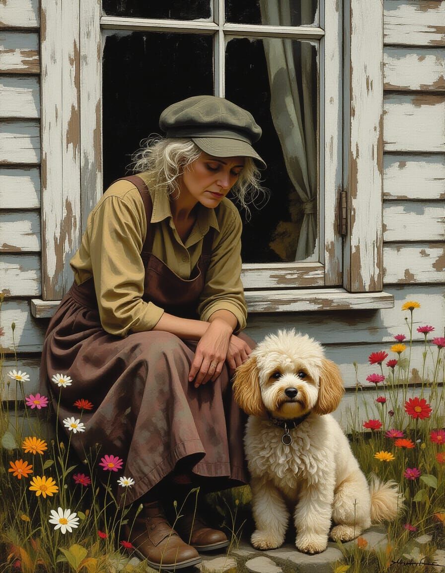 Poignant Portrait of Woman and Dog in Oil Painting Style