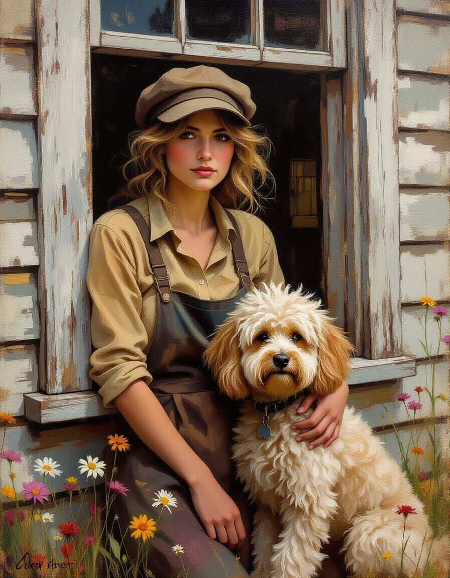 Woman and Dog in Oil Painting Style Portrait
