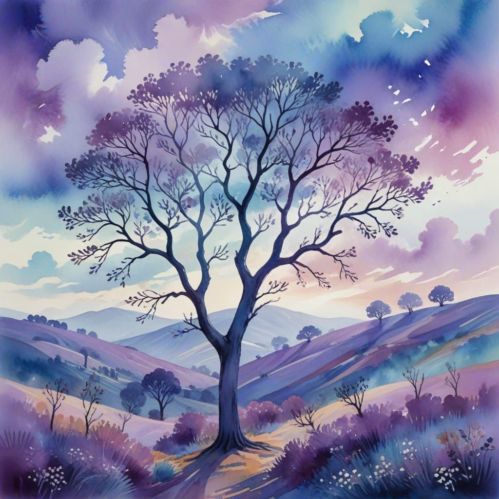 Dreamy Impressionist Landscape with Twisted Trees and Rorsch...