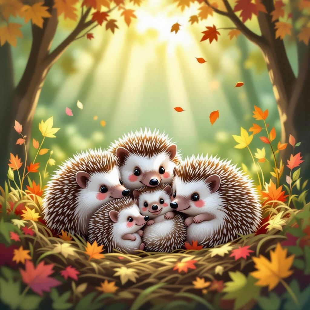 Hedgehog Family in Autumn Nest