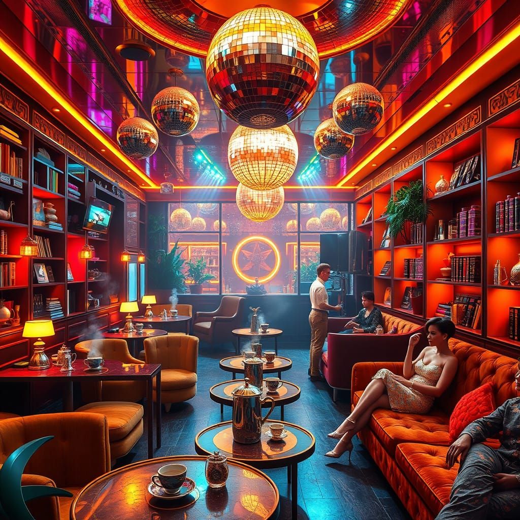 Surreal Disco Coffee Shop with Futuristic Realism