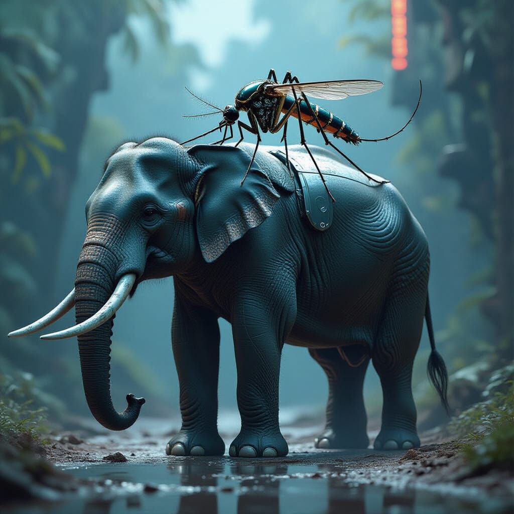Metallic Mosquito on Elephant in Sci-Fi Style