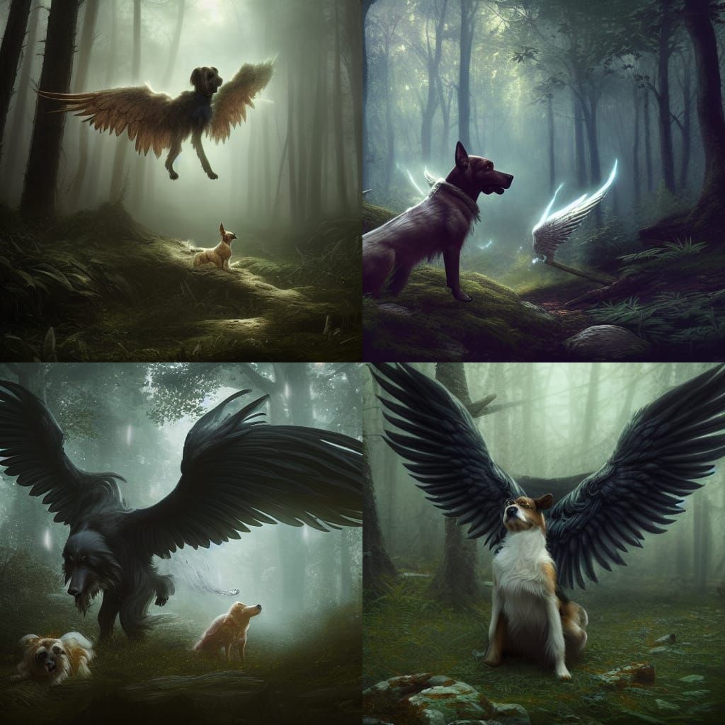 Winged Mystical Dog in Forest, Dark Fantasy Art