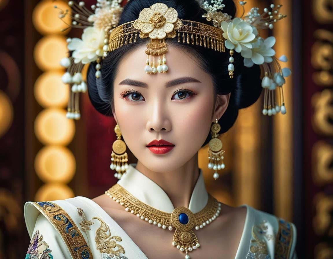 Elegant asian woman dressed in ivory color