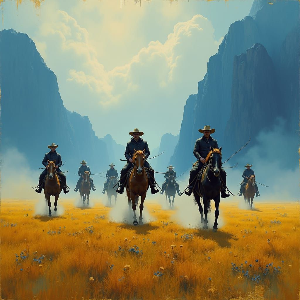 Cowboys and Horses in Dreamlike Landscape