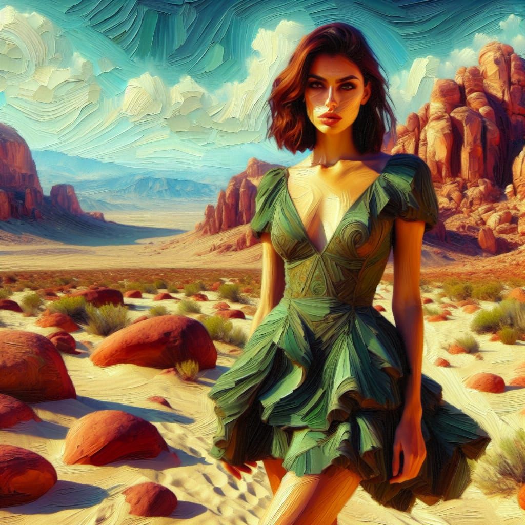 Desert Woman in Emerald Dress: Neo-Impressionist Painting