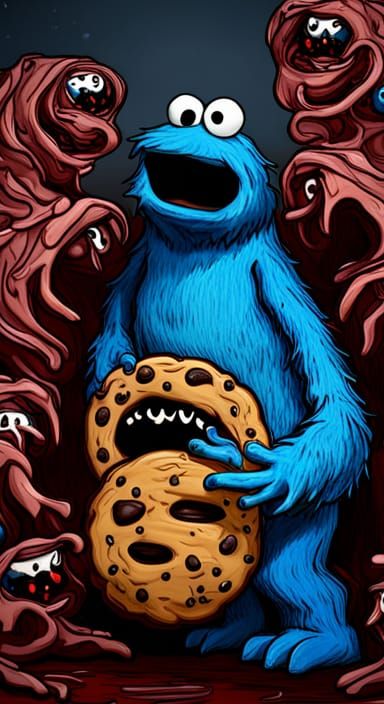 Demonic Cookie Monster in 3D Horror Scene