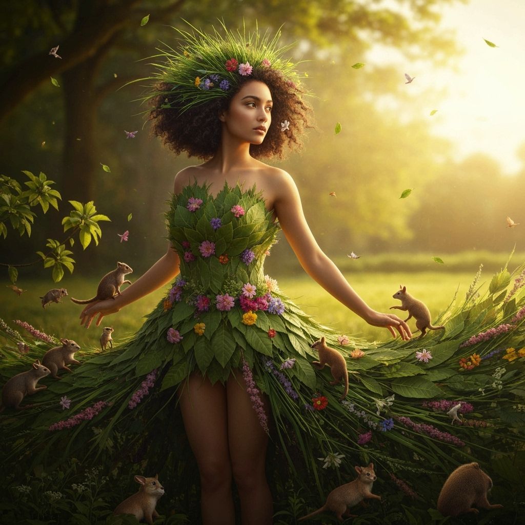 Forest Woman Dancing in Sunlight, Floral Adornments