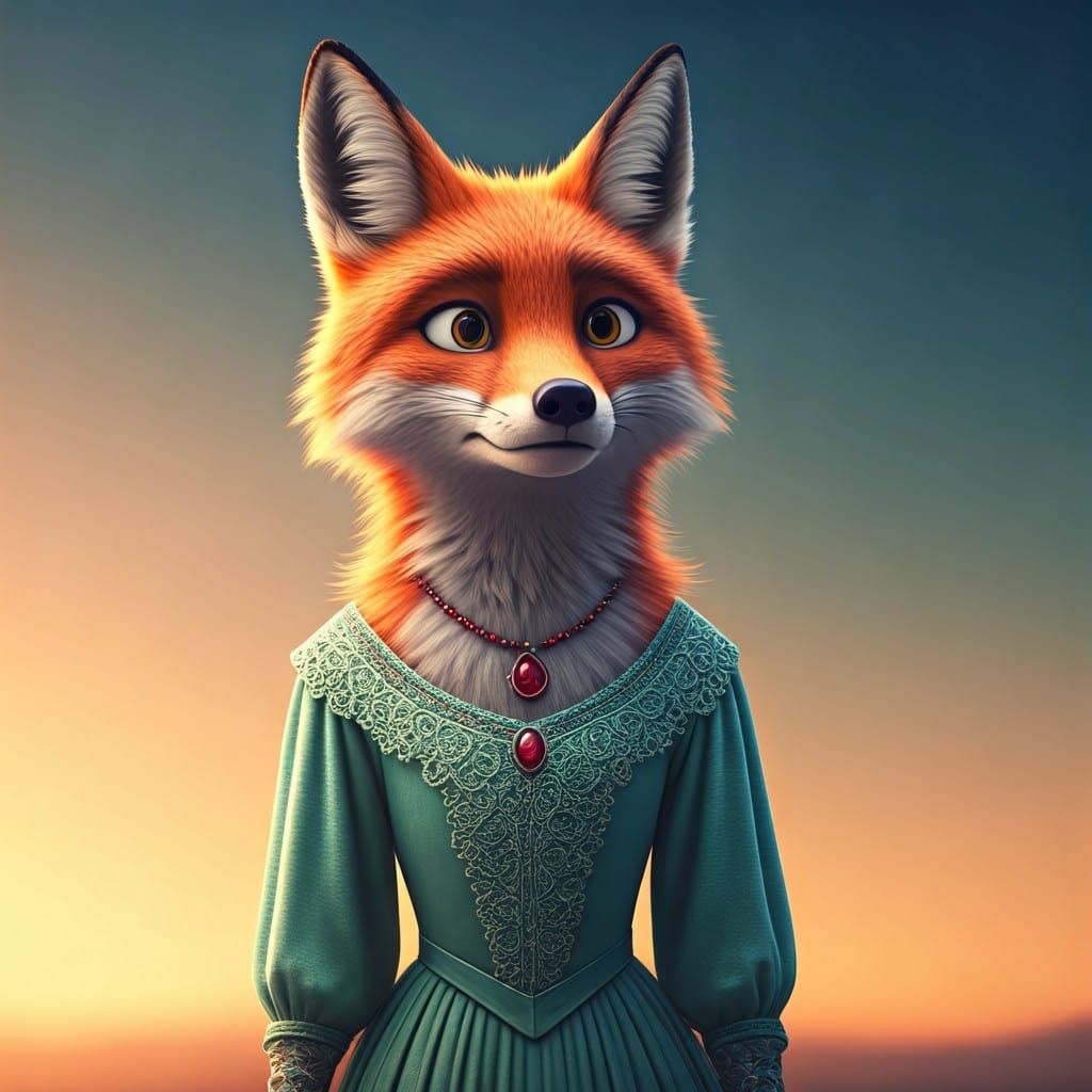 Mystified Fox in Seafoam Green Dress Stands in Vibrant Gradi...