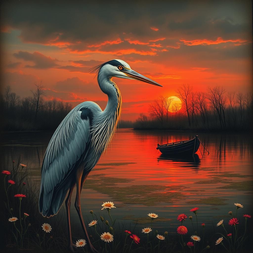 Vibrant Heron at Sunset in Color Print Art
