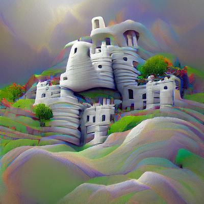 Surreal Castle on Hillside: 8K 3D Rendering