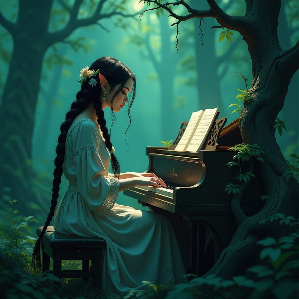Dark Fae Forest Piano in Surreal Fantasy Style