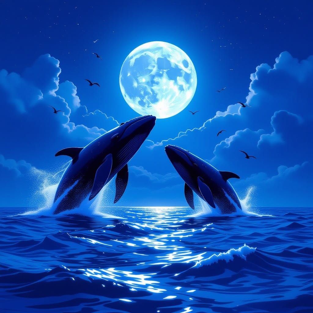 Majestic Whales Breach Under Indigo Sky