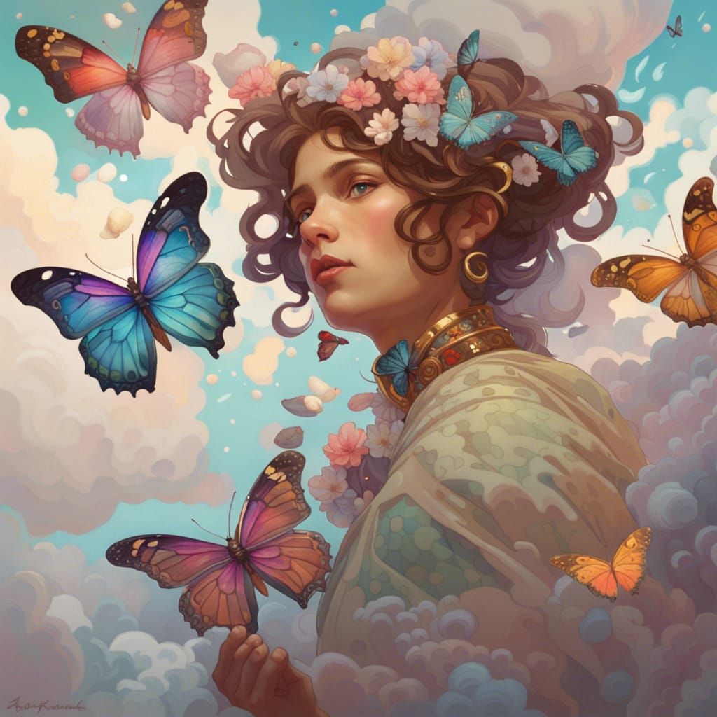 Butterfly in Clouds, Art Nouveau Style
