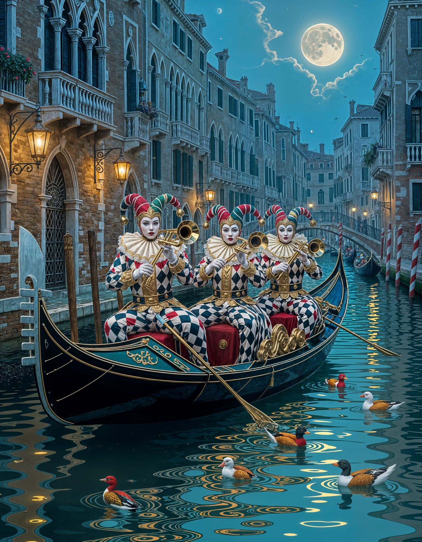 Harlequins Play Music on Venetian Canal with Love Birds