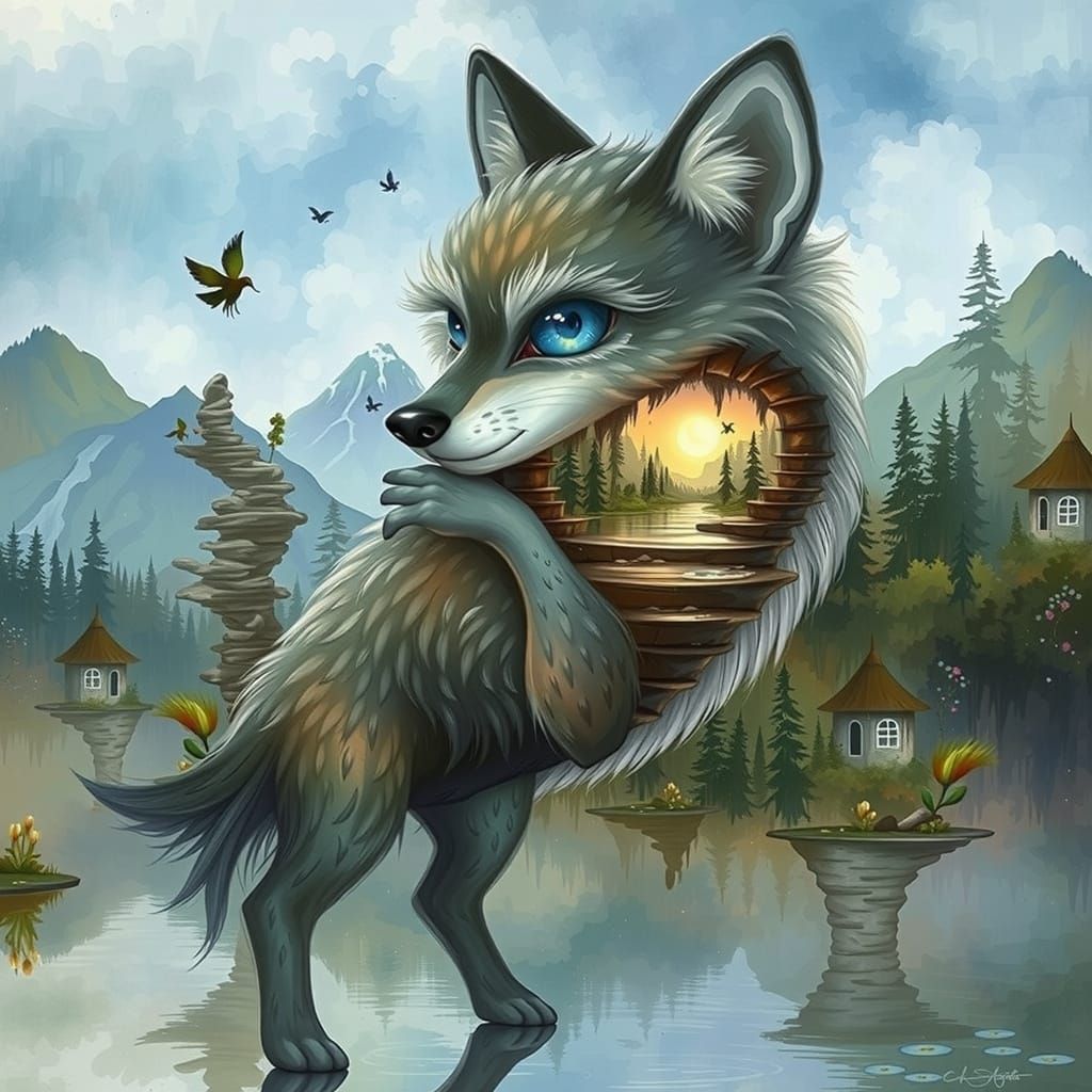 Regal Gray Wolf in Serene Lake Landscape with Whimsical Wate...