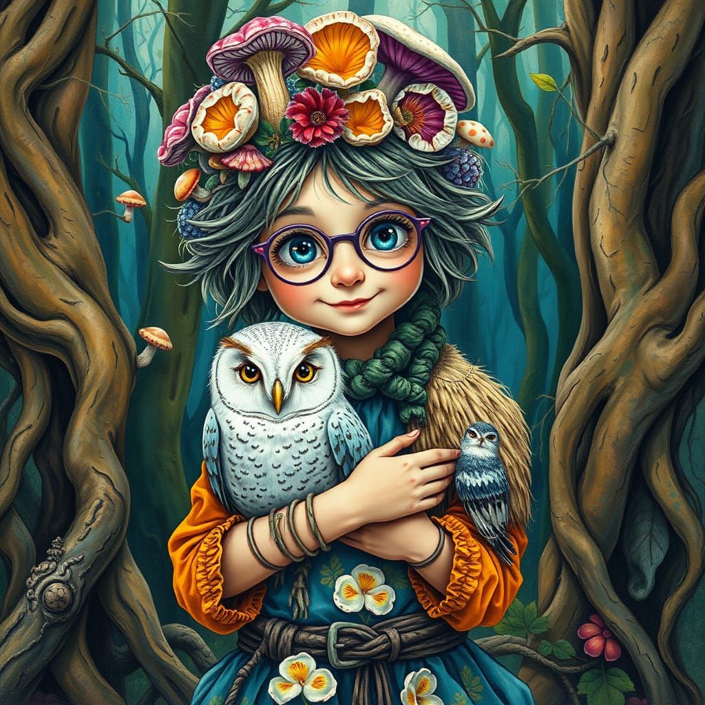 Whimsical Orphan Goddess in Vibrant, Dreamlike Forest Landsc...