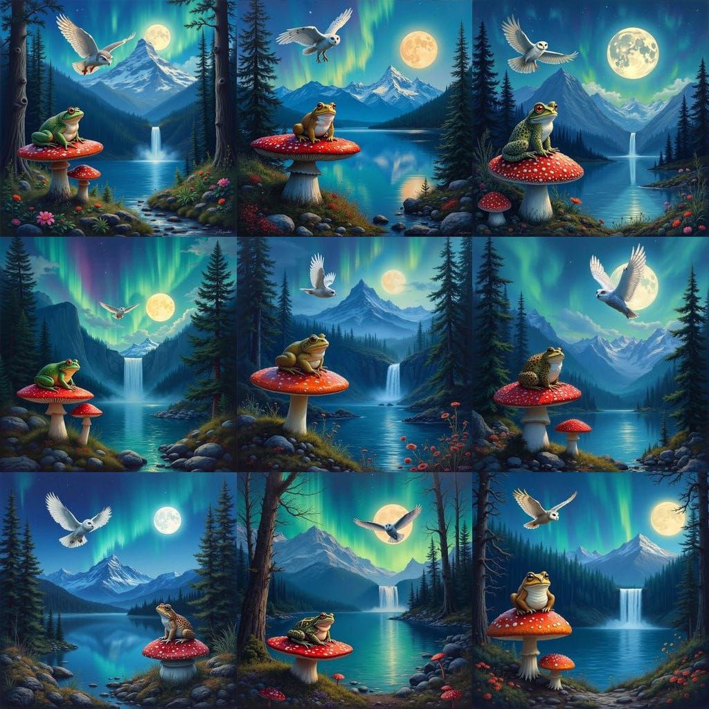Magical Forest Scene: Toad, Owl, and Aurora