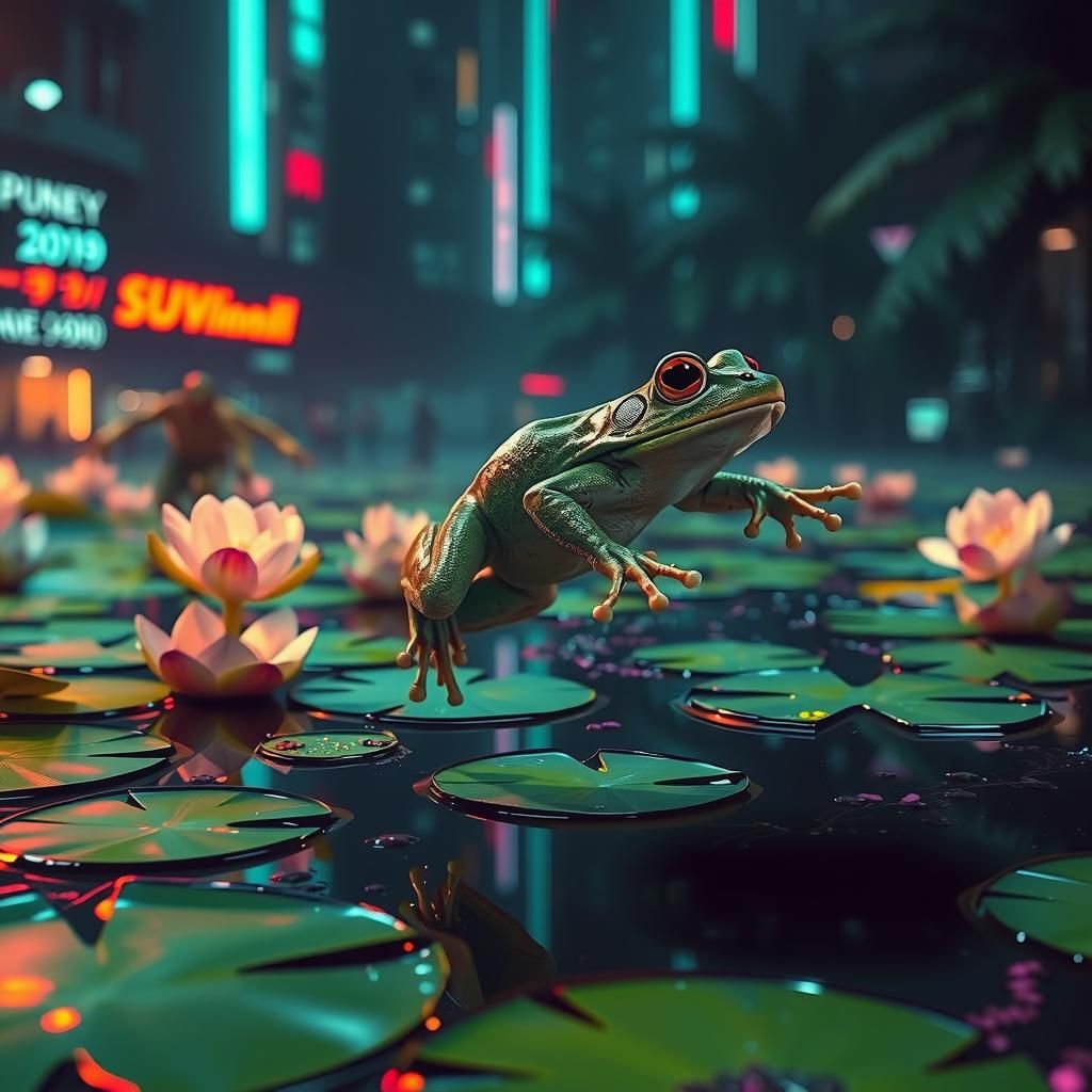 Cyberpunk Frog Leap Over Lily Pads