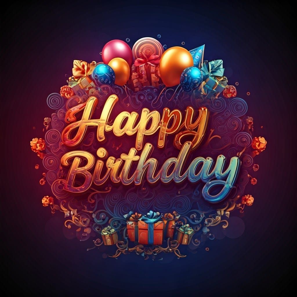 Happy Birthday Typography with Balloons and Gifts