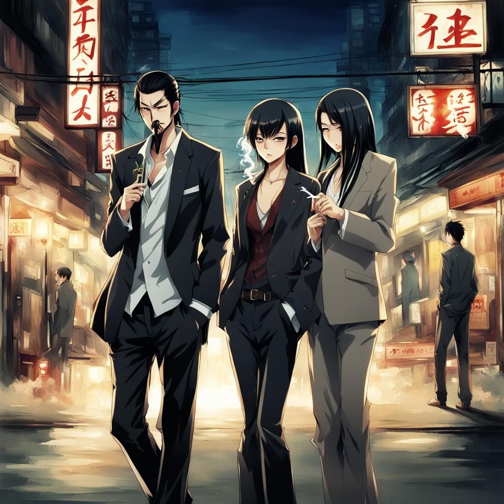 Anime Yakuza Couple Smoking in Town